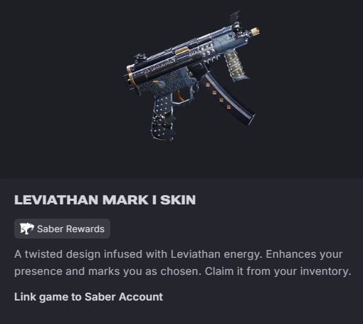 Saber’s reward card showing the Leviathan Mark I SMG skin